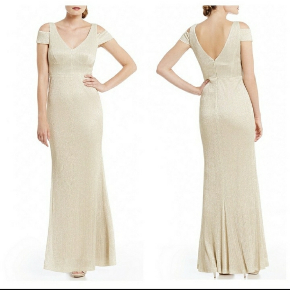 Calvin Klein rose gold cold shoulder evening gown